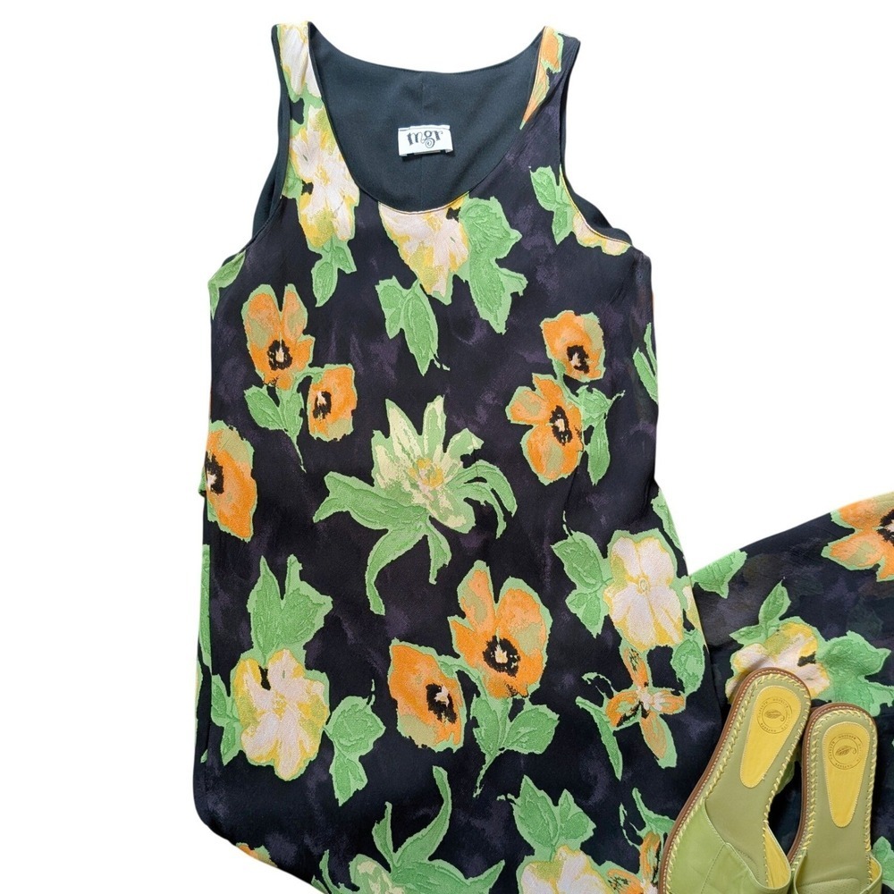 Mgr Vintage 90s Cottagecore Lime Green Painted Floral Flowy Maxi Dress - Picture 2 of 6